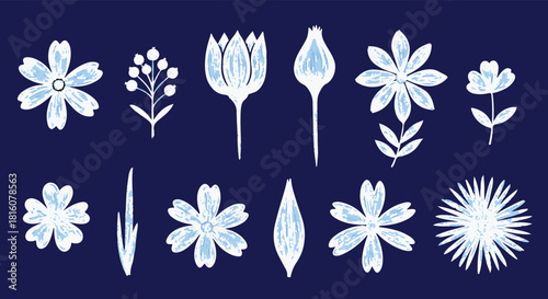 Hand Drawn Blue and White Floral Elements on Dark Blue Background Keywords floral, flowers