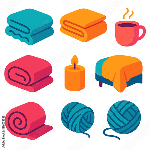 Cozy Blanket Icons. Soft blankets flat icon set : fleece blanket, folded fabric, cushion, hot drink, candle, wool thread, bed corner, gentle fold