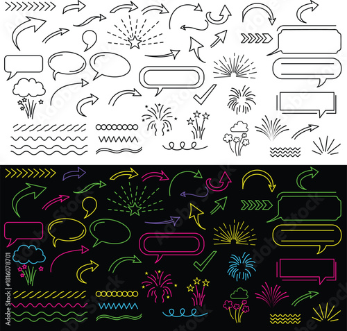 Dual style hand-drawn doodle set playful elements, including speech bubbles, arrows, clouds, bursts, and decorative lines in bold outlines and neon glow