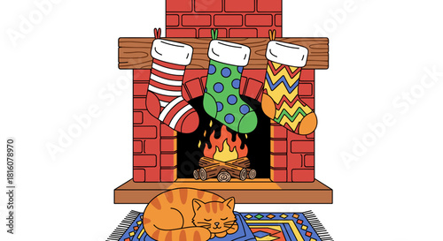 Cozy fireplace with colorful stockings and cat resting on rug  