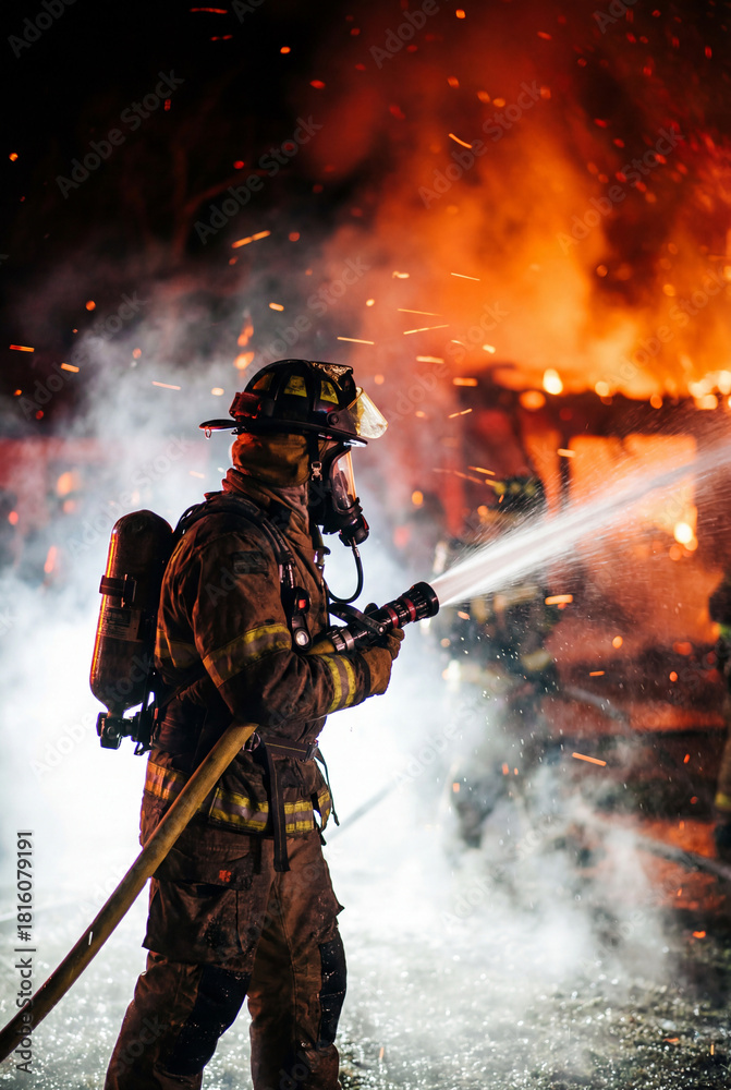 Fototapeta premium Firefighter actively battling intense flames. 