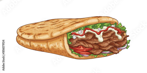 Delicious shawarma wrap with meat, vegetables, and sauces illustration