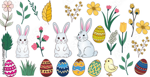 Delightful pastel easter doodle set featuring bunnies, chicks, tulips, daffodils, leaves, and decorated eggs in a cute hand-drawn style