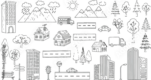 Hand drawn doodle elements of city life and nature