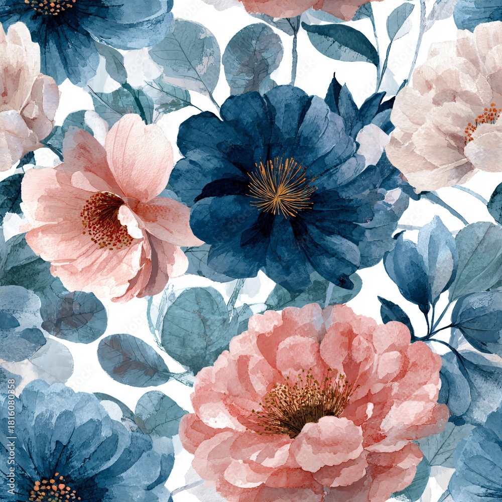 Naklejka premium Abstract watercolor flower pattern with pink, blue, and white flowers, and green leaves. Seamless floral design for wedding invitation or wrapping paper.