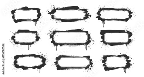 Abstract grunge ink stencil brush strokes and paint splashes in a rectangular composition for text and callouts dirty style with drops and blots