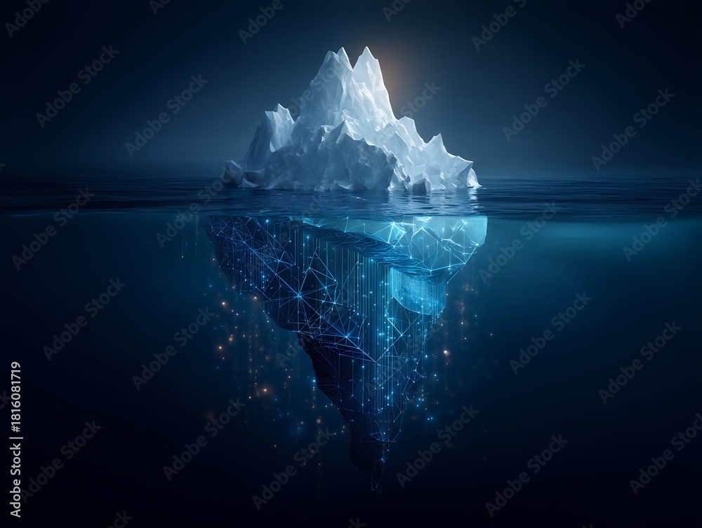 Fototapeta premium Digital iceberg floating in a dark blue sea showing data connection underwater, concept for data storage, information technology and security solution