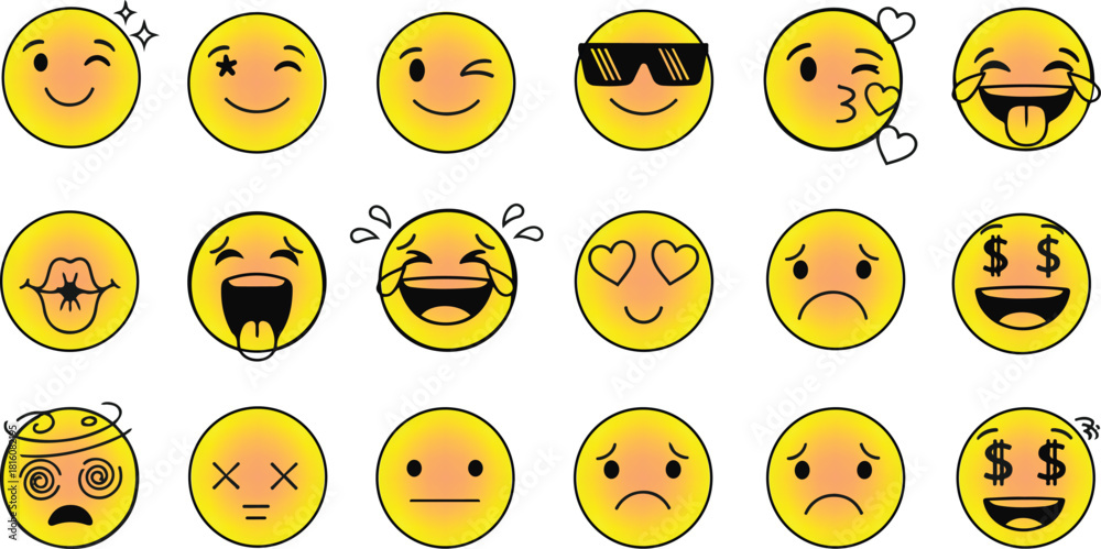 Fototapeta premium Yellow Emoji Faces with Various Expressions and Emotions