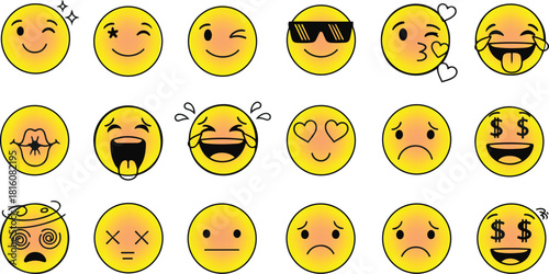Yellow Emoji Faces with Various Expressions and Emotions