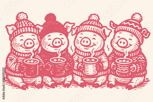 Four cute piglets in knitted sweaters and hats drinking a hot beverage. A cozy winter vector illustration in a vintage monochrome engraving or print style.