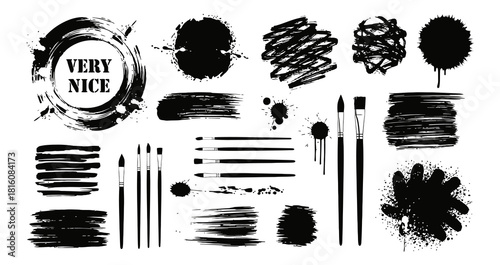 Diverse collection of black paint textures spray graffiti stencil elements ink brush strokes and grunge design blotches for artistic projects