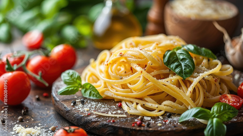 Delicious Italian spaghetti pasta dish with tomato sauce and fresh basil