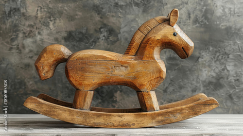 Antique wooden rocking horse toy isolated on a white background, evoking childhood memories and fun