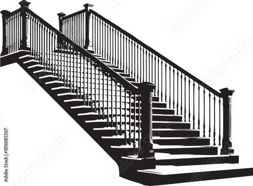  A striking black and white staircase features ornate railing posts and evenly spaced balusters, creating dramatic lines and a deep shadow. This architectural detail conveys elegance