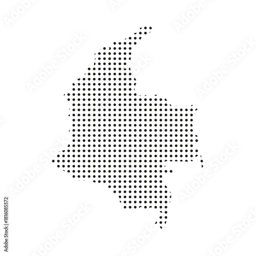 Colombia halftone map vector with dotted South American silhouette, black dot pattern outline, minimal modern geographic abstract design for posters, prints, education, and infographics