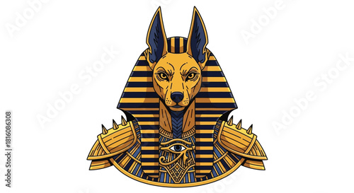 Anubis illustration with headdress and shoulder armor, Egyptian god of the dead.