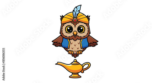 A cute cartoon owl dressed as a genie in a turban and vest, hovering over a golden magic lamp.