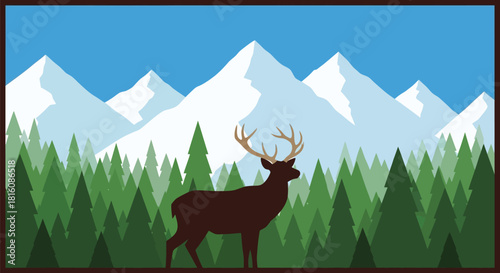 A majestic brown stag with large antlers stands in a lush green pine forest before snow-covered mountains.
