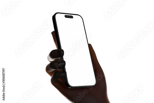 minimal hand holding gesture modern phone mobile device in silhouette backlit lighting style screen display mockup template isolated 3d rendering perspective view