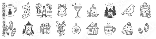 A cozy winter-themed set of hand-drawn icons including mugs, stockings, trees, candles, ornaments, gifts, crystals, a bird, a cat in a hat, and a snowy house.