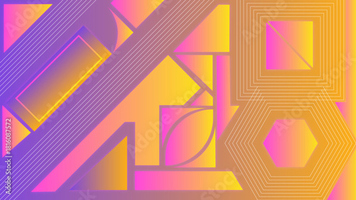 Neon Geometric Symphony — vibrant gradient lines and shapes with hexagon motif on warm pink-orange background