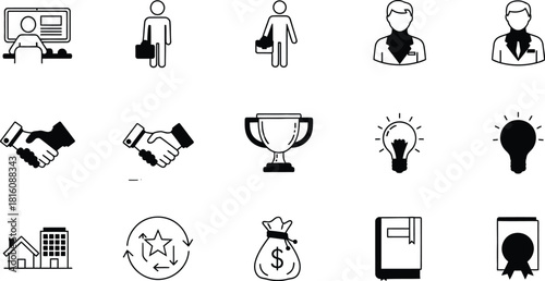 Business and finance icon set in black and white sketch style
