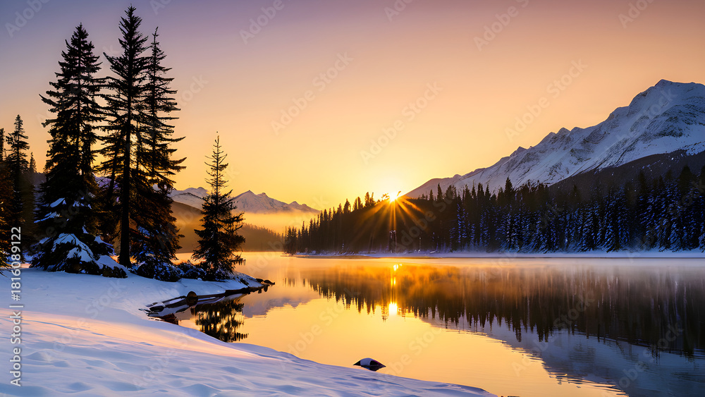 Obraz premium Golden Hour Glow on Serene Winter Mountain Lake, Snowy Peaks Reflection