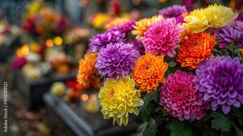 Vivid Multicolored Chrysanthemums in Soft Cemetery Lighting