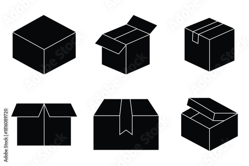 Set of silhouette box icon. Open and closed box parcel collection icon. Delivery boxes, export, cargo distribution, package and more. Product package cardboard shipping parcel box icon set. Vector 