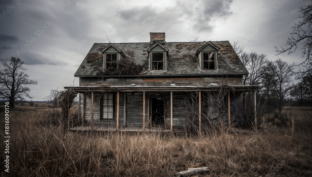 Obraz premium Abandoned house with overgrown vegetation under a dramatic sky