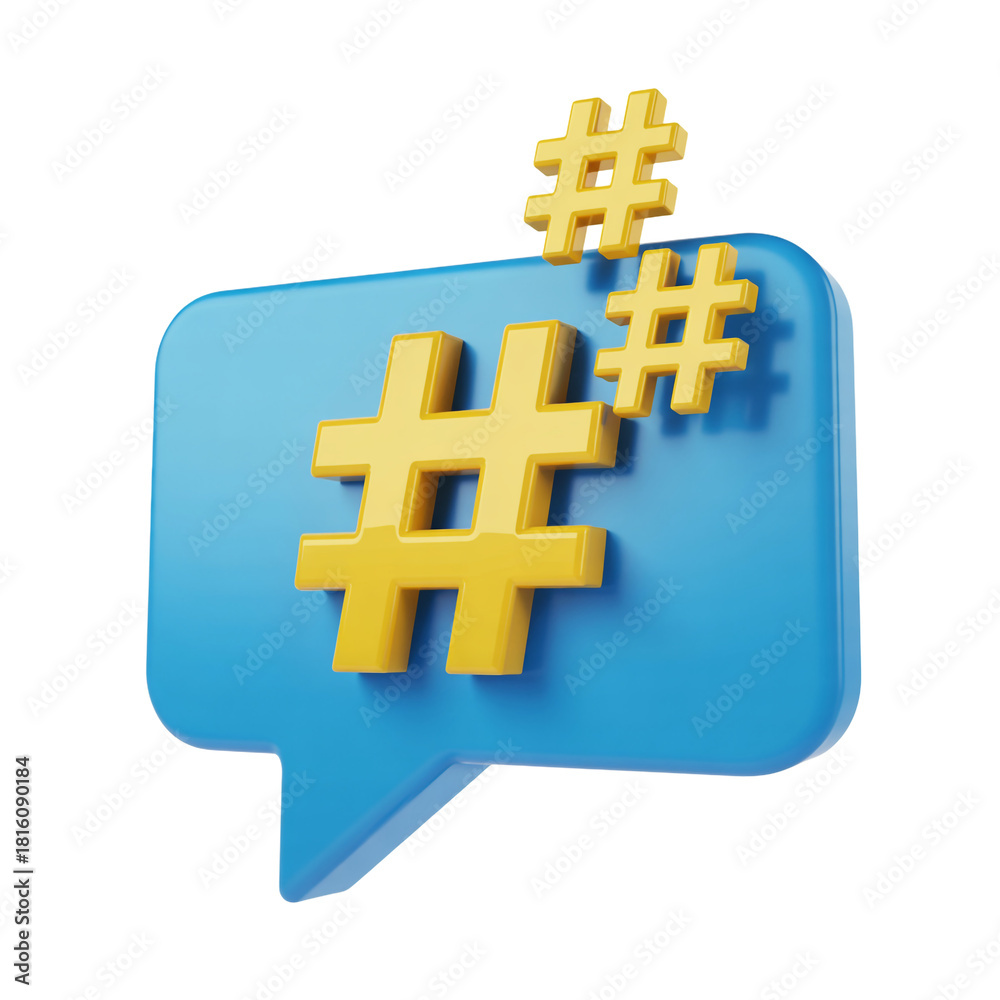 Fototapeta premium 3D Golden Hashtag Symbol, Gold Hashtag Icon, Shiny Social Media Hash Sign, Metallic Number Sign, Isolated on Transparent Background