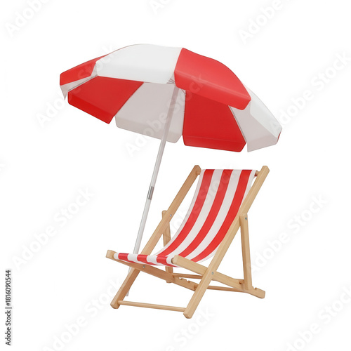 Red and white striped beach chair and umbrella for summer vacation holiday relaxation.