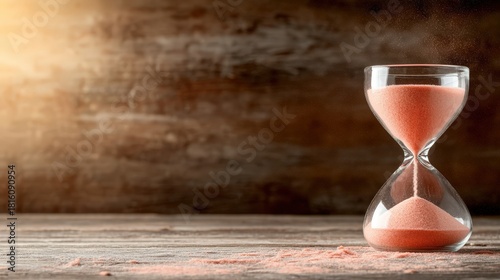 An artistic representation of time, this hourglass filled with pink sand elegantly illustrates the continuous flow of moments and the inevitability of time passing in our lives.