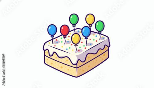 Festive party dessert icon showing a celebratory sheet cake with sweet frosting, colorful sprinkles, and vibrant balloon toppers, isolated on a white background