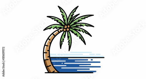 Stylized Palm Tree by the Ocean, Tropical Island Vacation Icon.