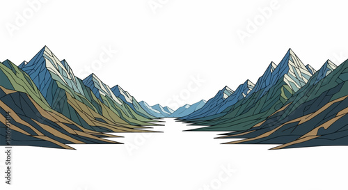Majestic Mountain Range with Valley Landscape Illustration.