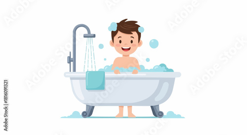 Happy cartoon boy taking a shower in the bathtub illustration.