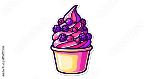 Vibrant pink frozen dessert in a cup topped with a colorful assortment of fresh berries, a delightful and sweet treat perfect for summer enjoyment