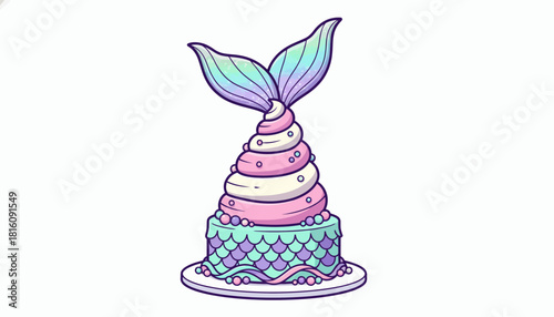 Whimsical Mermaid Tail Cake Decorated with Swirls and Scales on a Platter