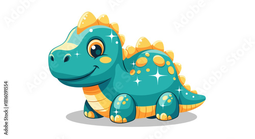 Cute Teal Dinosaur with Yellow Spikes and Sparkles - Adorable Baby Dinosaur Illustration