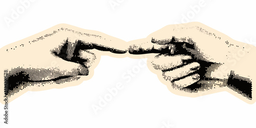 Halftone illustration of two fingers touching connection contact communication