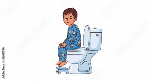 Young boy in blue pajamas sitting on a white toilet.