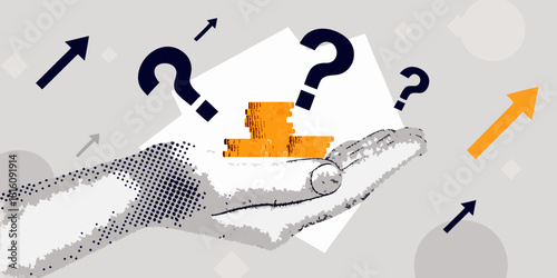 Uncertainty in finance with hand holding coins and question marks