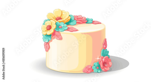 An elegant celebration cake adorned with vibrant, handcrafted sugar flowers in yellow, pink, and teal, a perfect dessert for a birthday or special occasion