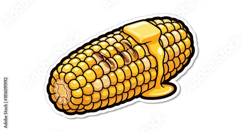 Delicious illustration of a freshly cooked ear of corn, glistening with melted butter, ready to be enjoyed as a summer treat