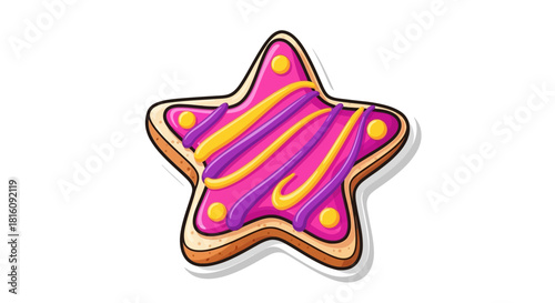 Delightful star cookie illustration, showcasing vibrant pink icing with whimsical yellow and purple drizzles, ideal for sweet bakery concepts, dessert menus, or festive graphics