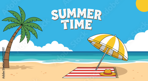 Vector flat illustration of a sunny tropical beach background with palm tree, yellow umbrella, striped towel and hat on sand near blue ocean waves under cloudy sky with summer time typography
