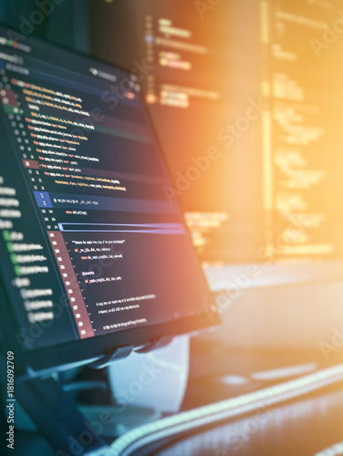 Modern programming workspace with glowing code display