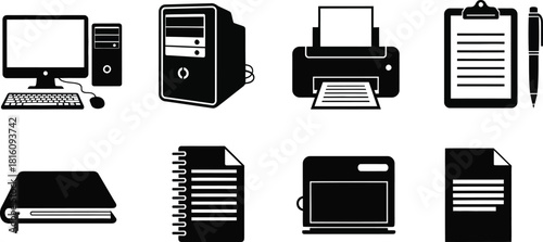 Silhouette of office and computer equipment icons