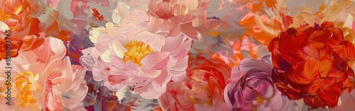 Floral gouache painting background with expressive brush strokes. Artistic hand painted flowers in soft and vibrant colors.